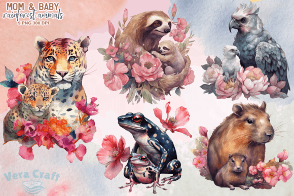 Mom & Baby Rainforest Animal Clipart: Nature-Inspired Charm